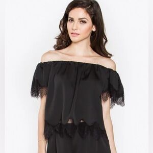 Jonesy Classic Black Off-Shoulder Satin and Lace Women’s Blouse XS